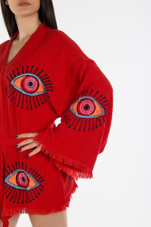 Forever & Always Shoes Sereia Evil Eye Handmade Cotton Short Kimono In Red