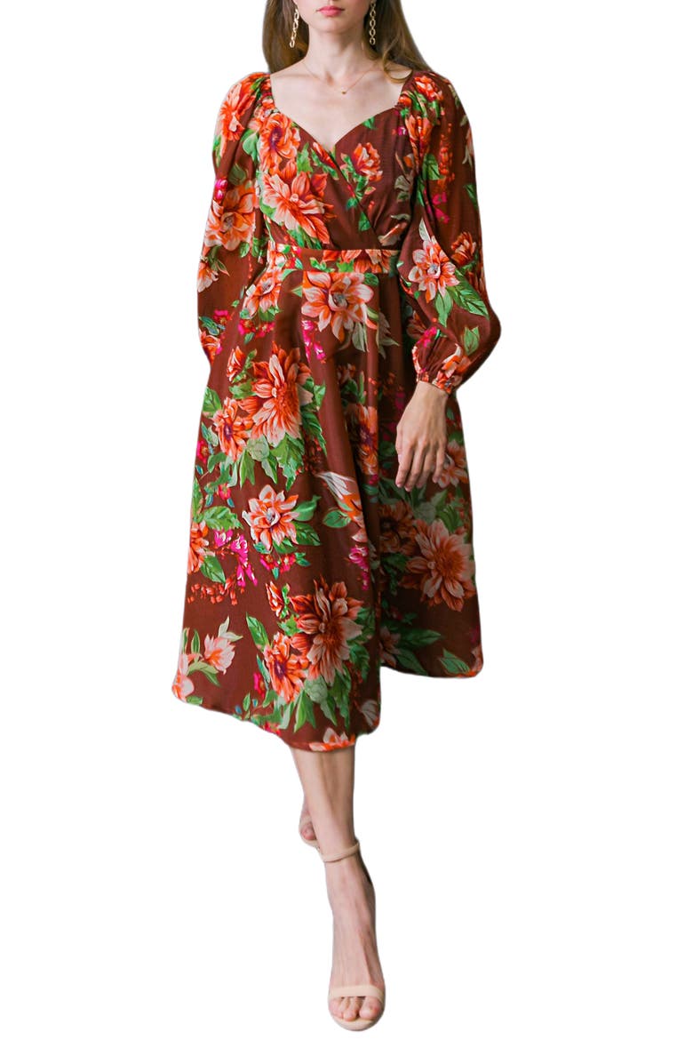 Floral Long Sleeve Midi Dress, Main, color, BROWN