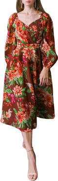 FLYING TOMATO Floral Long Sleeve Midi Dress