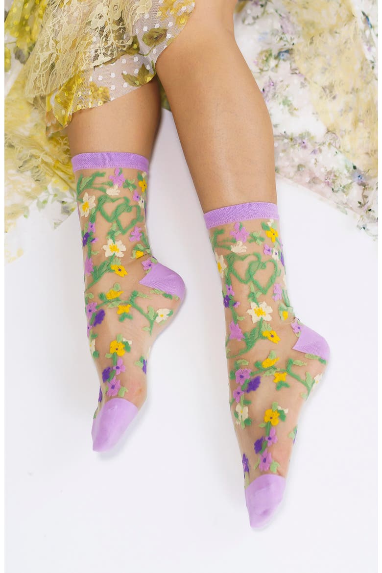 Floral Sheer Crew Socks, Alternate, color, PINK/ PURPLE