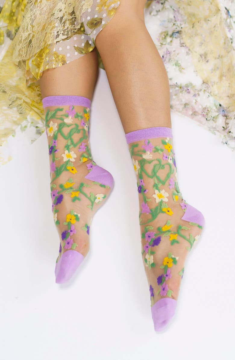 Sock Candy Floral Sheer Crew Socks, Alternate, color, Pink/ Purple
