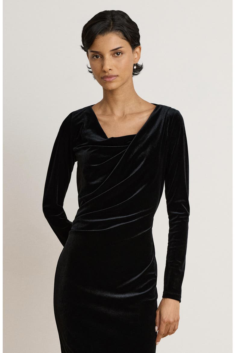 Draped Neck Long Sleeve Velvet Sheath Dress, Alternate, color, BLACK VELVET