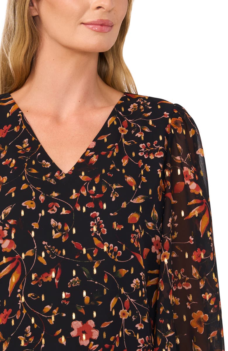 CeCe Printed Smocked Cuff V-Neck Top, Alternate, color, 