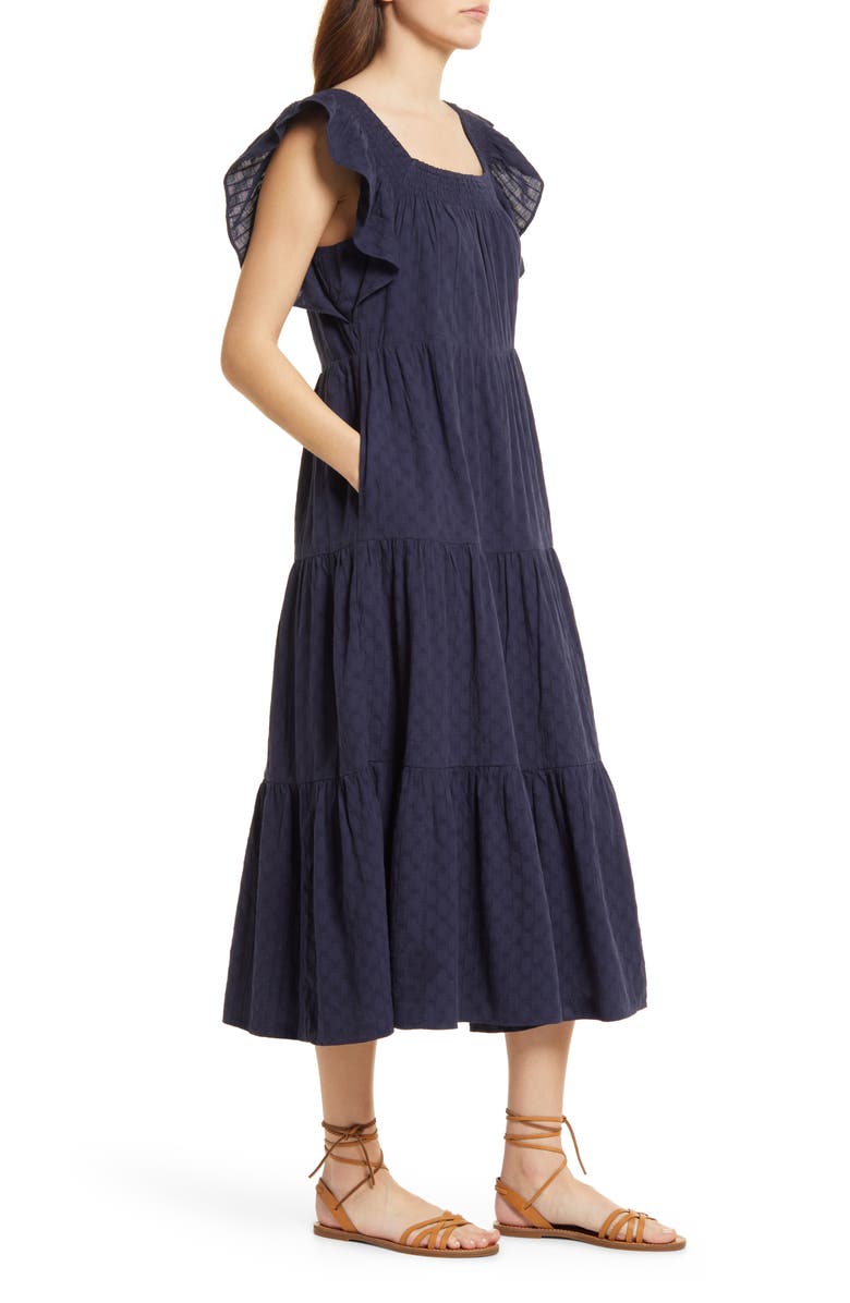 Madewell Women's Textured Check Ruffle Sleeve Tiered Midi Dress, Alternate, color,