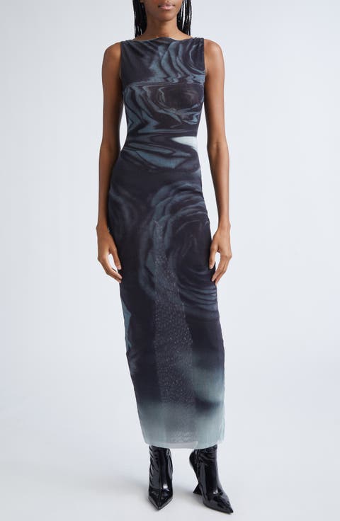 Blurry Roses Print Mesh Dress