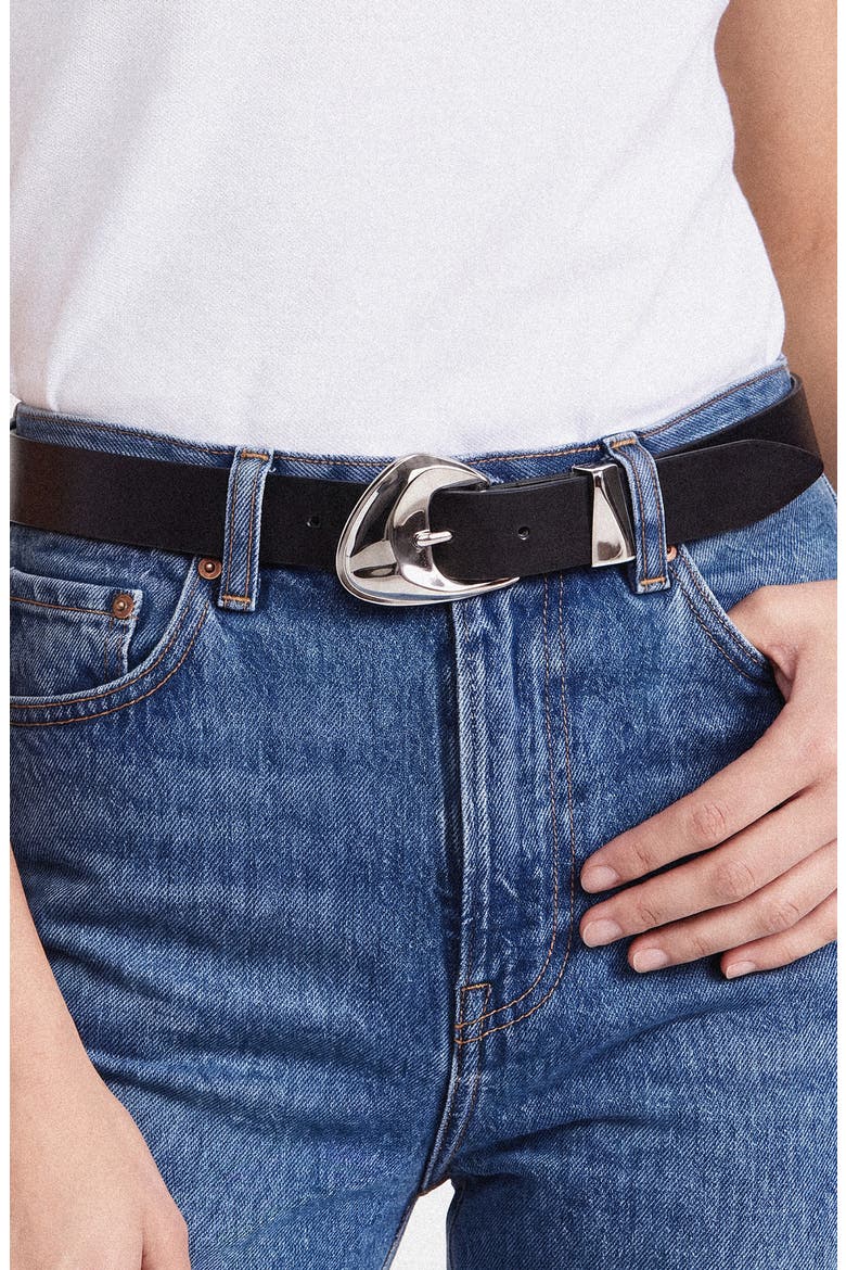 Bold Metal Buckle Leather Belt, Alternate, color, BLACK AND SILVER