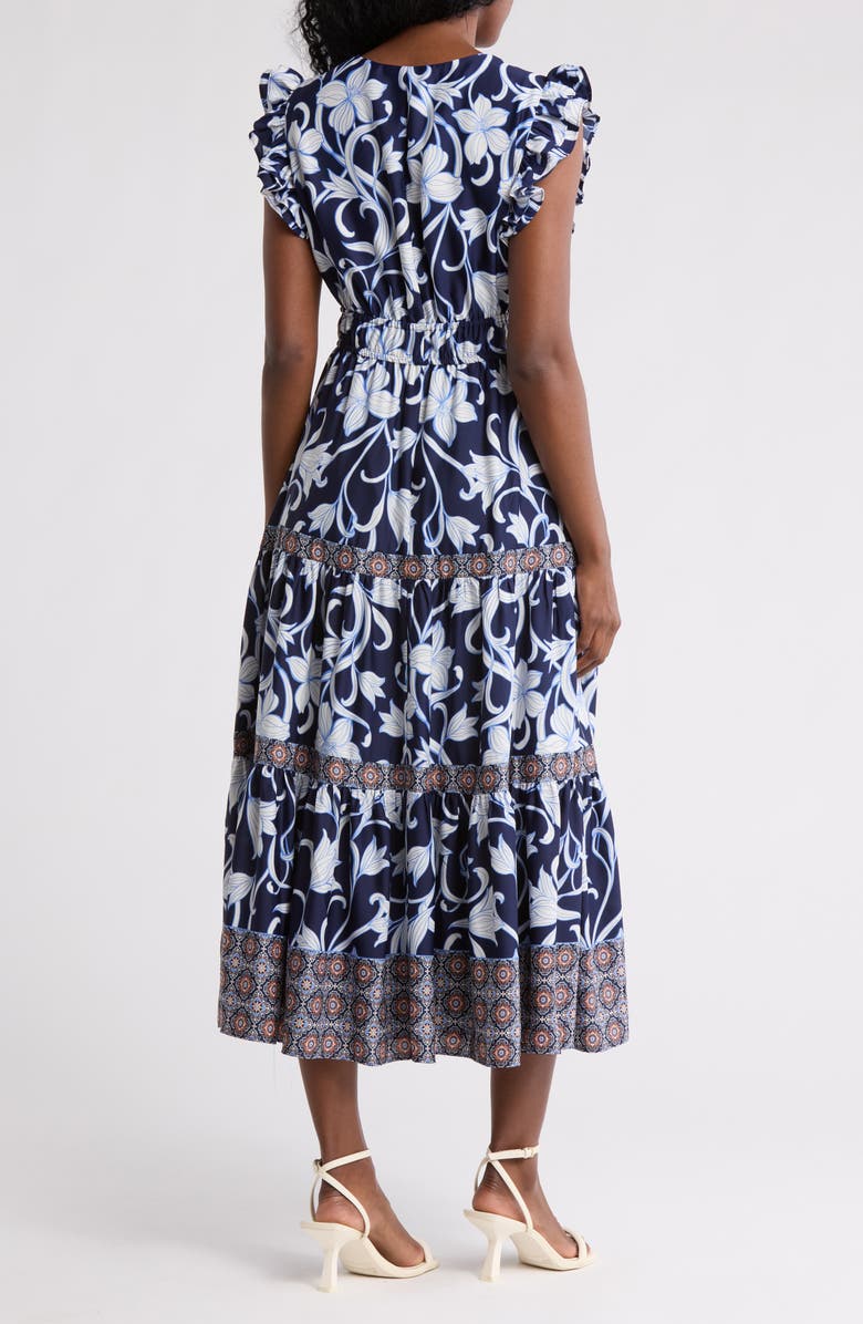 Anne Klein Floral Print Ruffle Tie Waist Maxi Dress, Alternate, color, Distant Mountain Multi