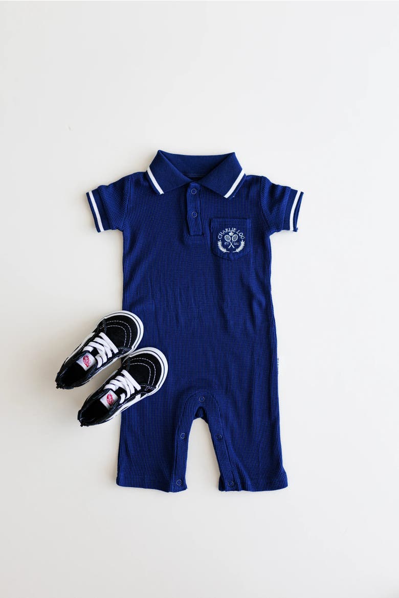 Waffle Polo Romper, Alternate, color, Navy Blue