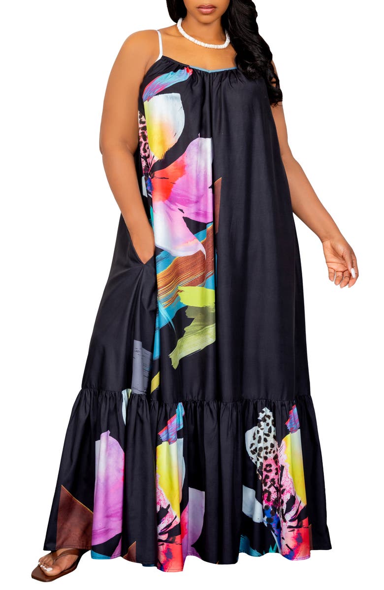 BUXOM COUTURE Floral Print Voluminous Maxi Dress, Main, color, Black Multi