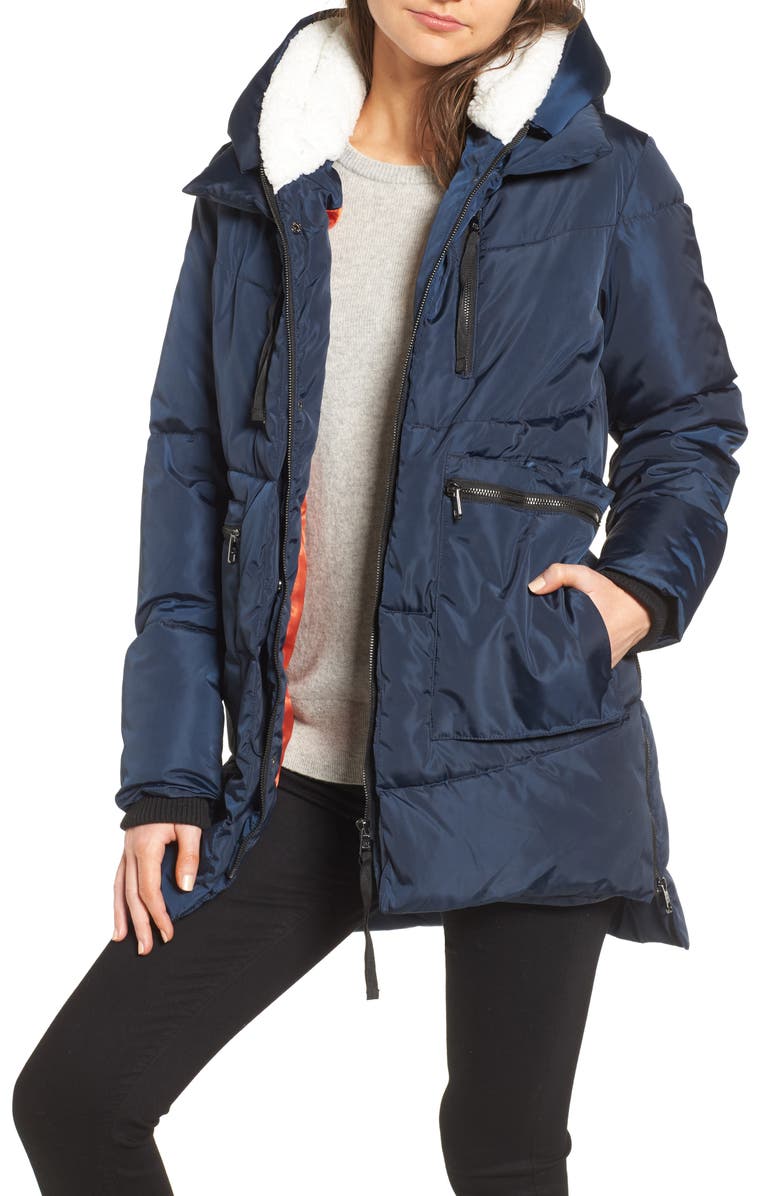 Steve Madden Hooded Puffer Jacket with Faux Shearling Trim, Main, color, 
