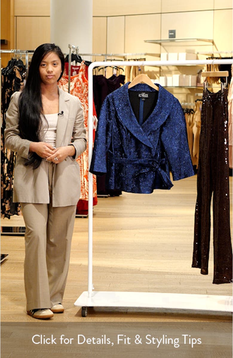 Metallic Jacquard Portrait Collar Faux Wrap Top, sales video thumbnail