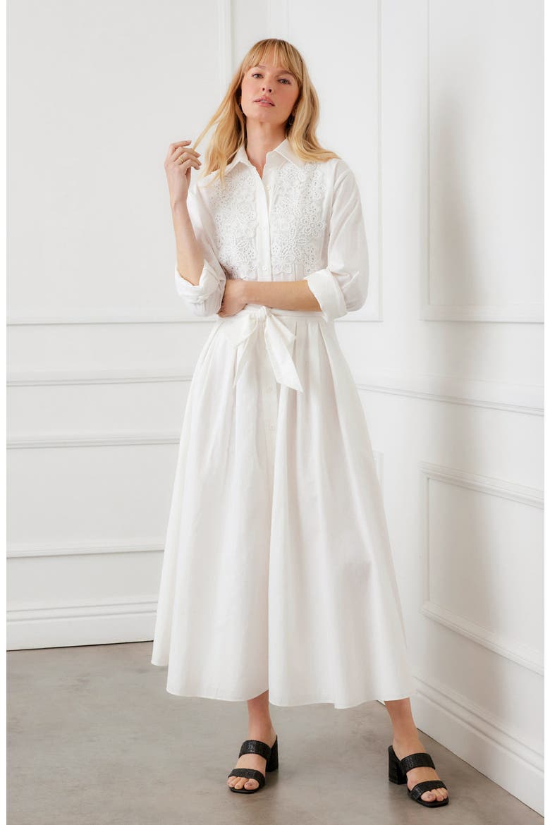 Floral Appliqué Long Sleeve Cotton & Linen Shirtdress, Alternate, color, OFF WHITE