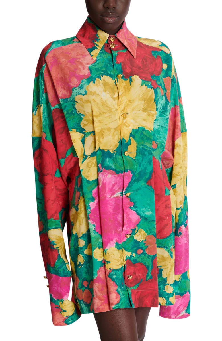 Balmain Crepe shirt dress with roses print, Alternate, color, Multicolor