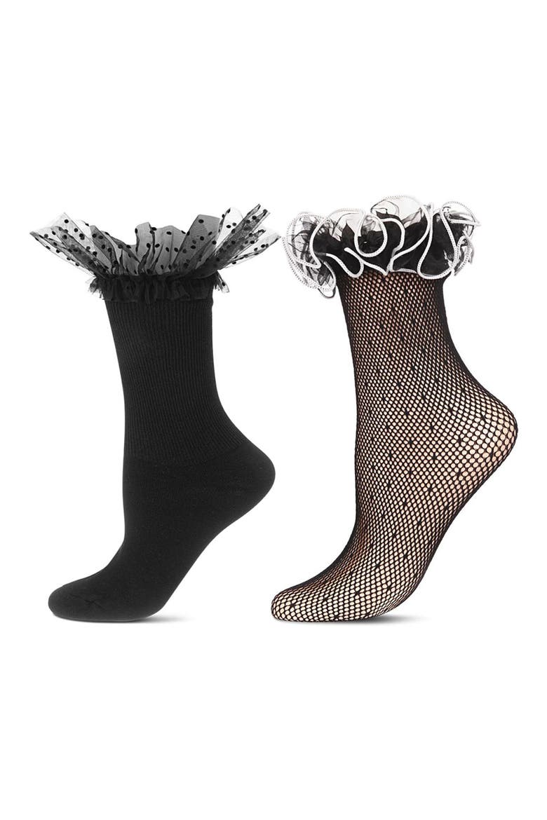 Lace Ruffle Cuff Assorted 2-Pack Ankle Socks, Main, color, BLACK-RED