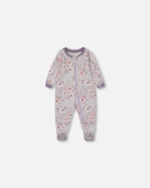 Organic Cotton One Piece Printed Pajamas Grey With Roses