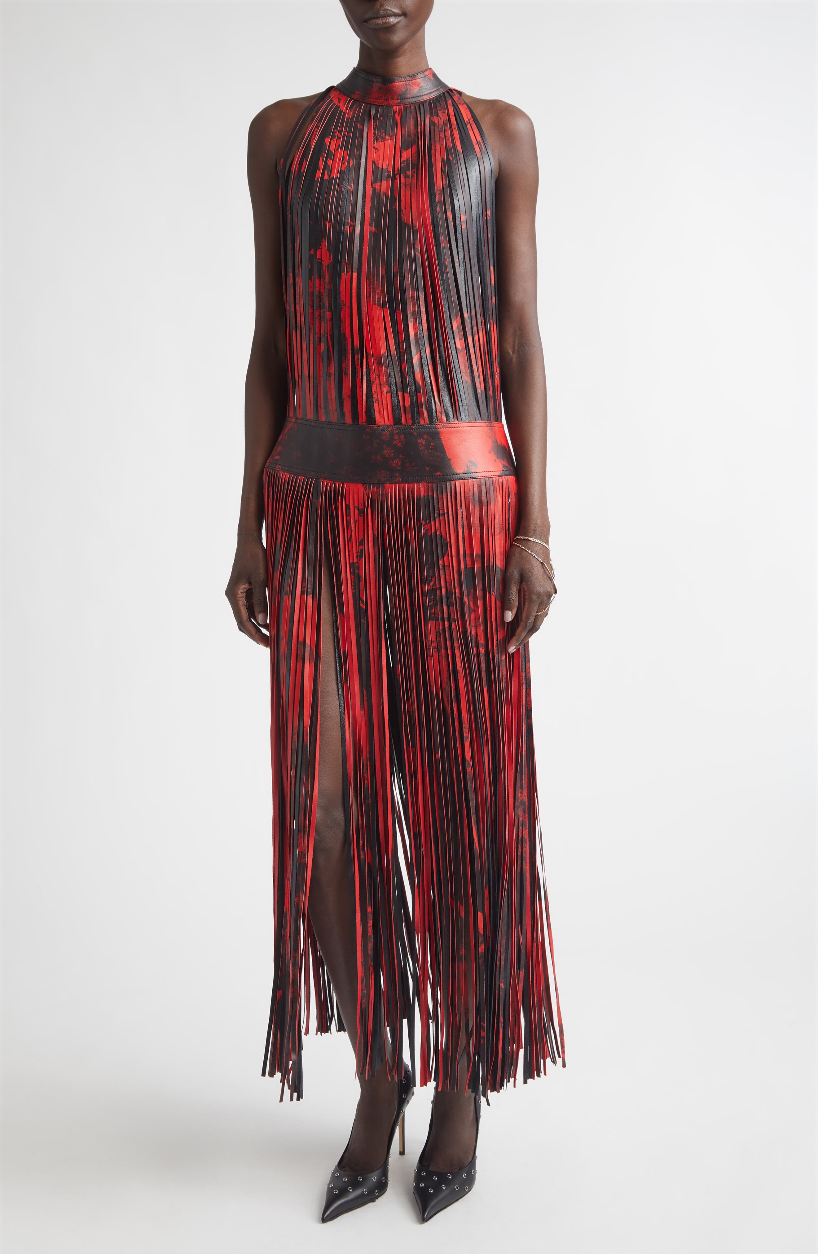 Floral Fringe Leather Maxi Dress