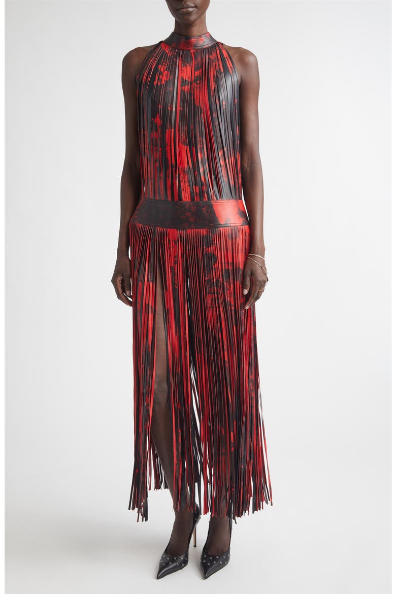 Floral Fringe Leather Maxi Dress, Main, color, BLACK/ RED