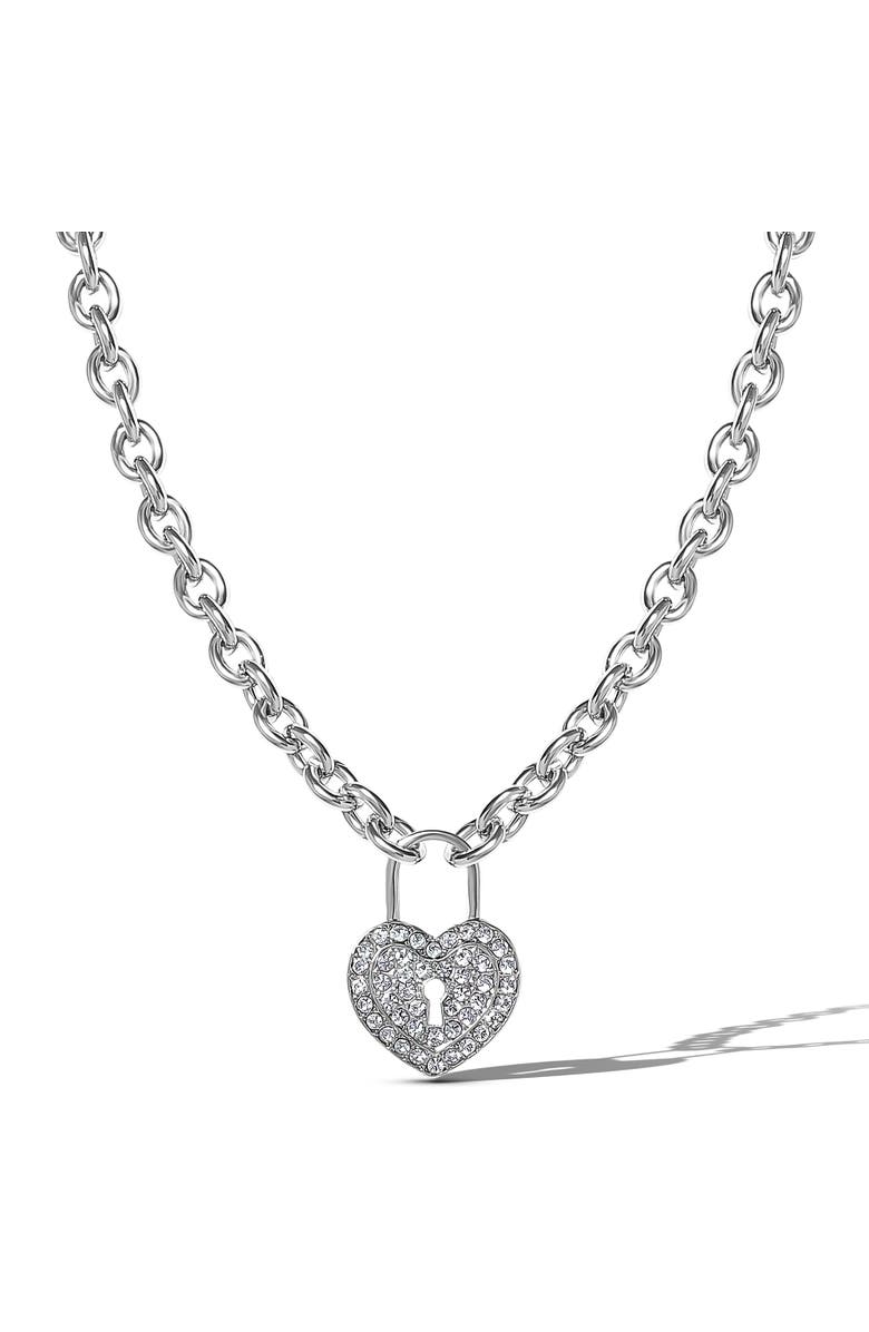 Jessica Simpson Silver-Tone Pave Crystal Heart Lock Necklace, Alternate, color, Silver