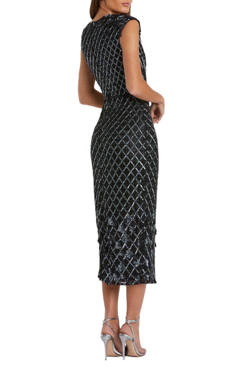 Mac Duggal Fringe Detailed High Neck Cap Sleeve Midi Dress, Alternate, color, Black