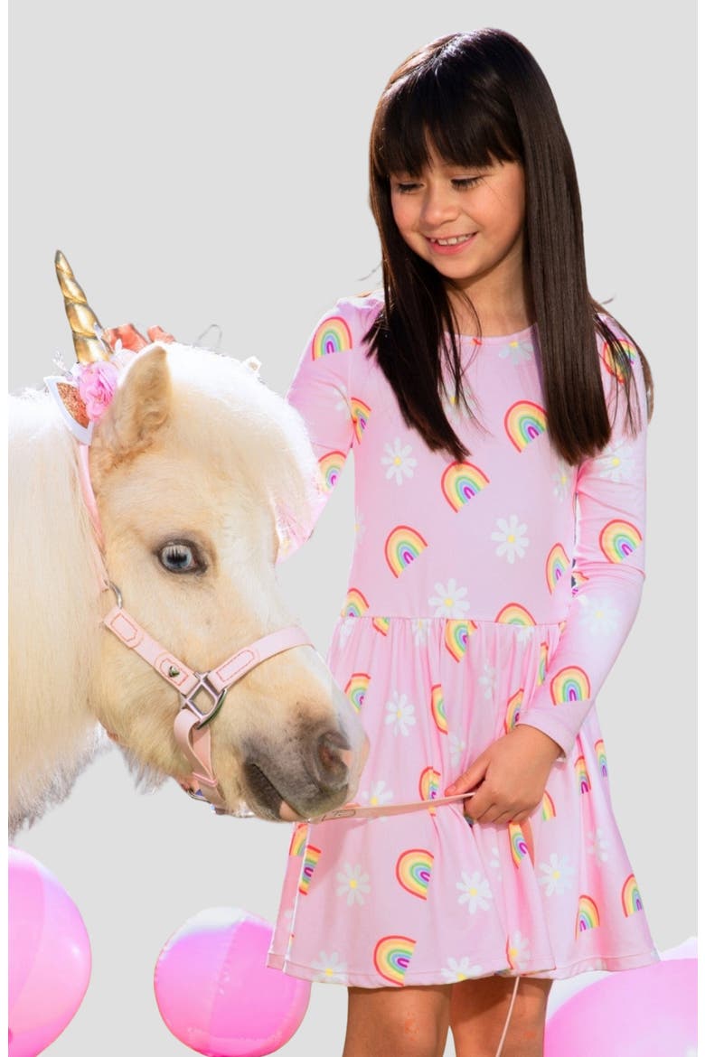 Kids' Long Sleeve Be Happy Dress, Alternate, color, PINK RAINBOW