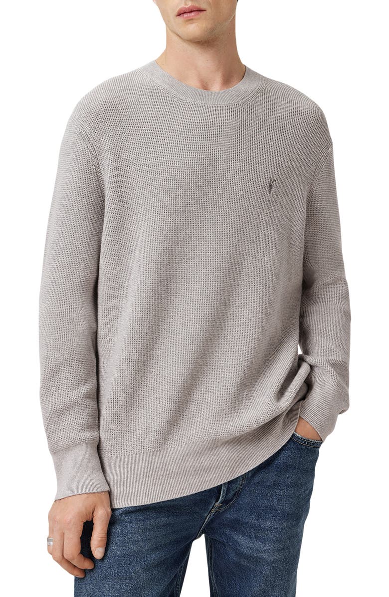 AllSaints Oversize Cotton & Wool Waffle Crewneck Sweater, Main, color, Moon Grey