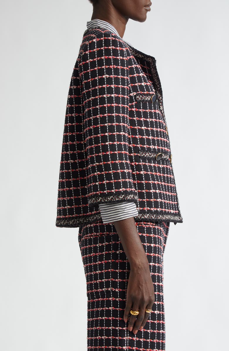 ST. JOHN Windowpane Check Mixed Media Crop Jacket, Alternate, color, Black/ Haute Red/ Pearl Multi