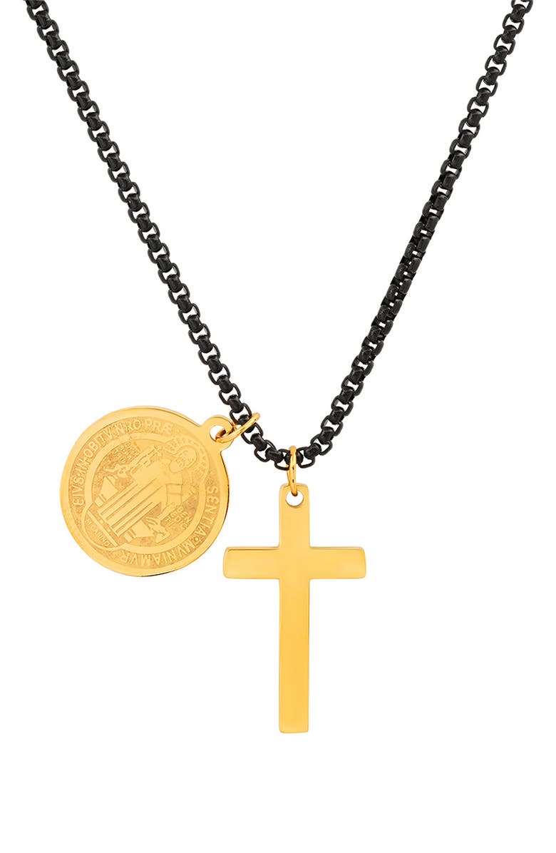 HMY JEWELRY 18k Gold Plated Stainless Steel Prayer Charm Pendant Necklace, Main, color, Black/ Yellow