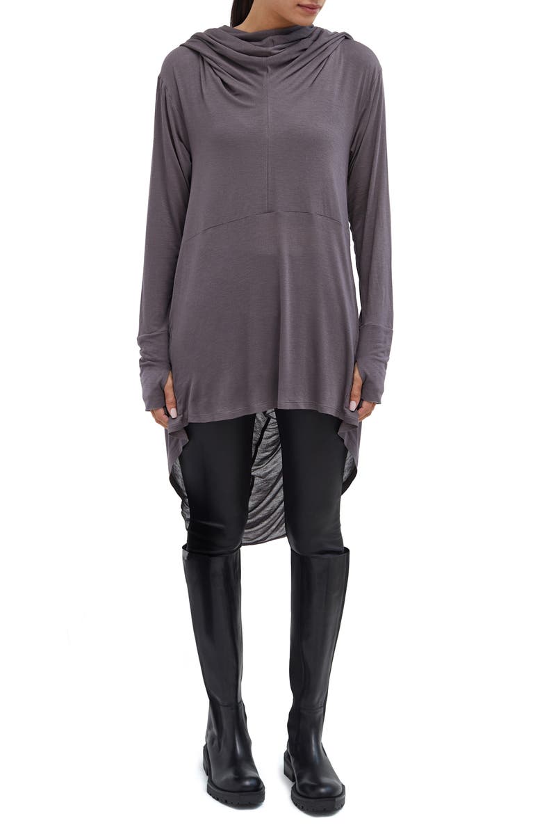 Marcella Oslo Semisheer Hooded Long Sleeve High-Low Jersey Tunic, Main, color, Anthracite