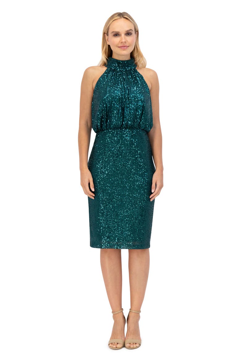 Sequin Mock Neck Cocktail Dress, Alternate, color, EMERALD