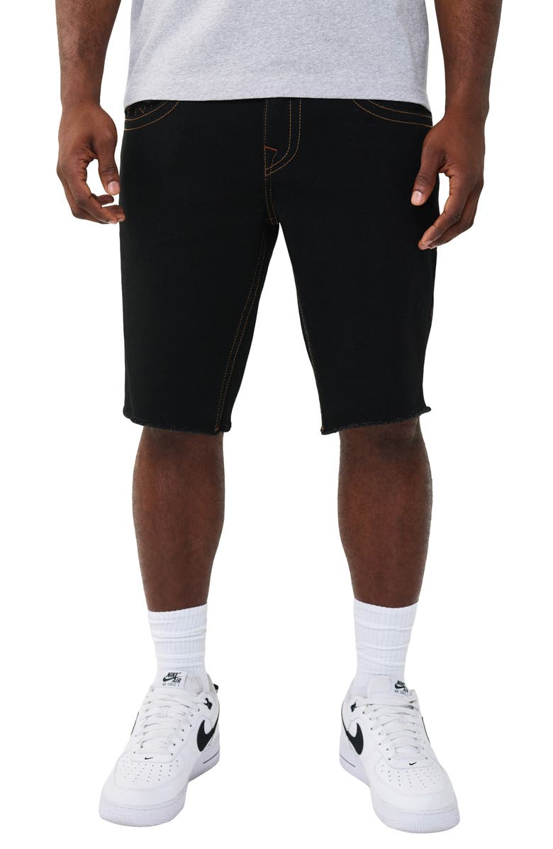 True Religion Ricky Frayed Hem Snap Flap Straight Denim Shorts, Main, color, Black Rinse