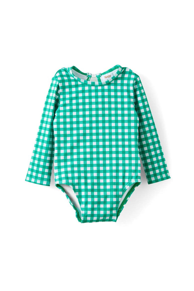 Baby Long Sleeve Keyhole Back Swimsuit, Main, color, Deep Mint Gingham