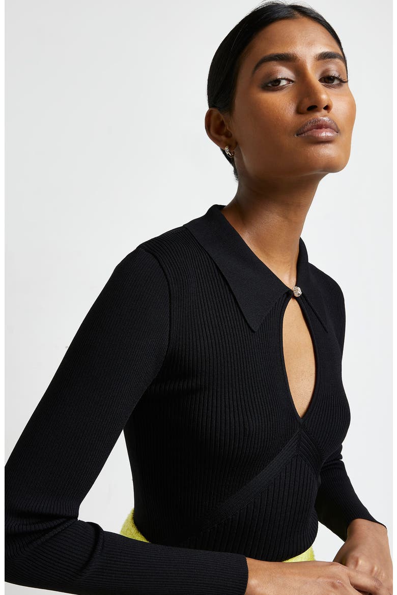 Rib Marquise Cut-Out Long Sleeve Polo, Alternate, color, BLACK