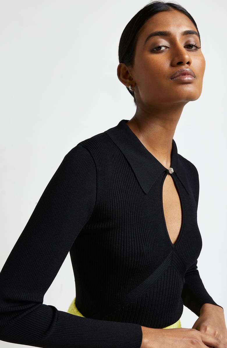 River Island Rib Marquise Cut-Out Long Sleeve Polo, Alternate, color,