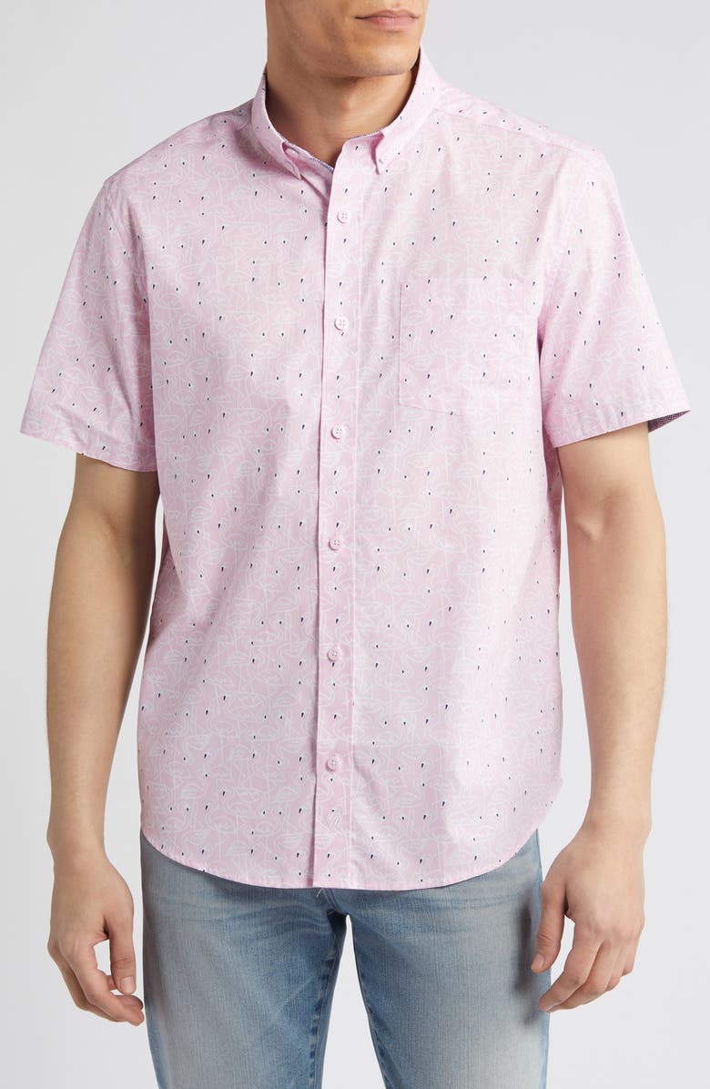 Johnston & Murphy Flamingo Print Short Sleeve Cotton Button-Down Shirt, Main, color,