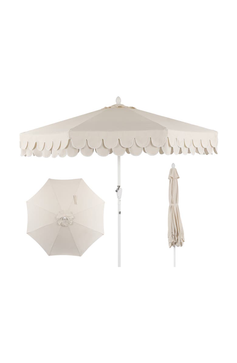 JONATHAN Y Tracy 9 ft. Classic MidCentury Scalloped Fringe Market Patio Umbrella with Auto-Tilt, Crank, Wind Vent and UV Protection, Main, color, Cream