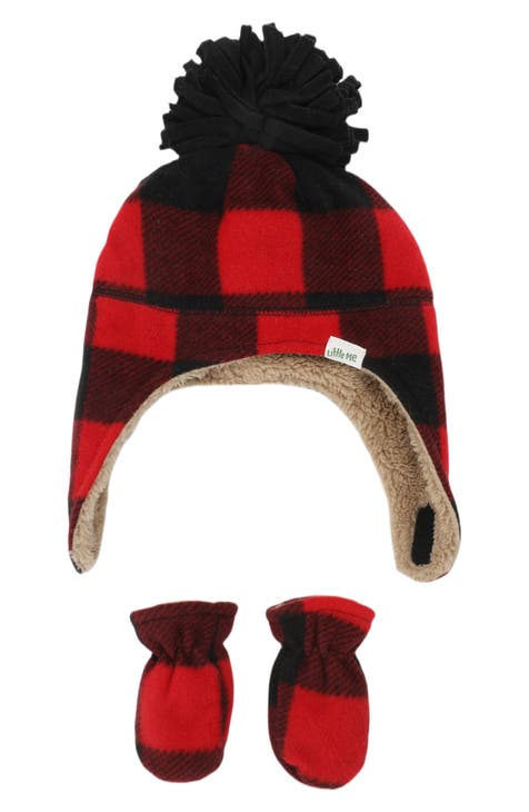 Buffalo Check Pompom Fleece Pilot Beanie & Mittens Set (Baby)