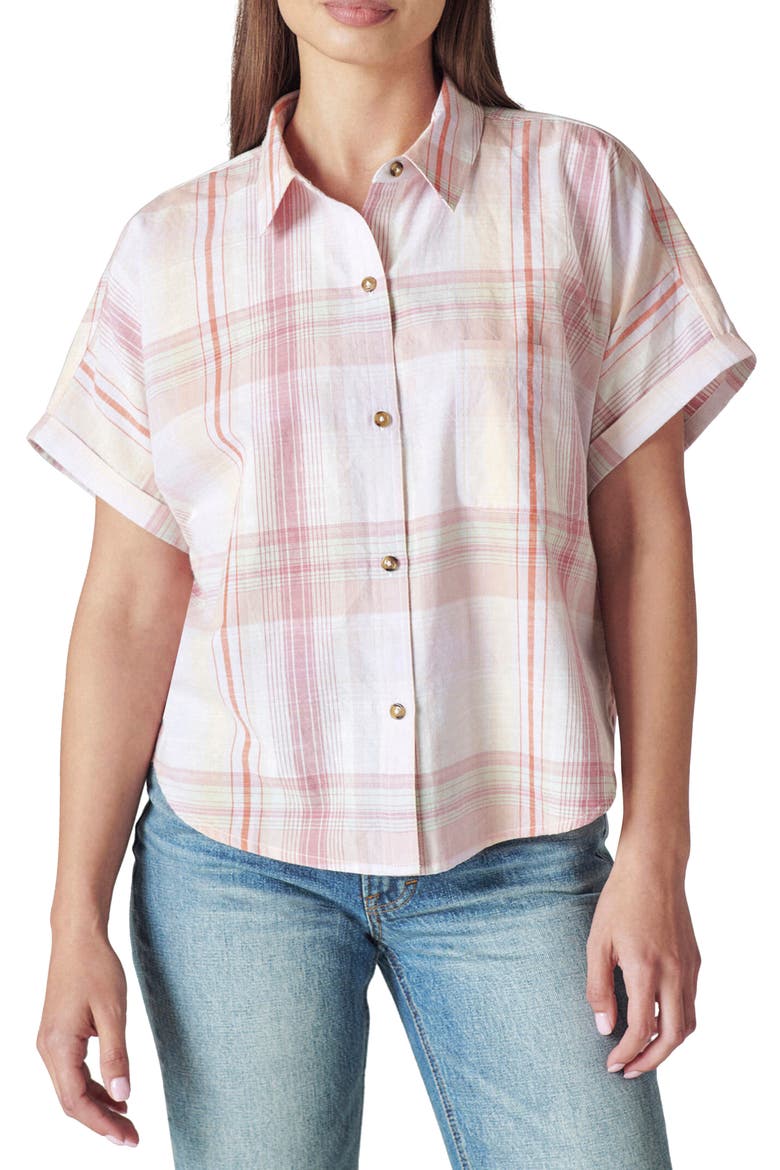 Relaxed Plaid Cotton Button-Up Shirt, Main, color, PEACH MULTI