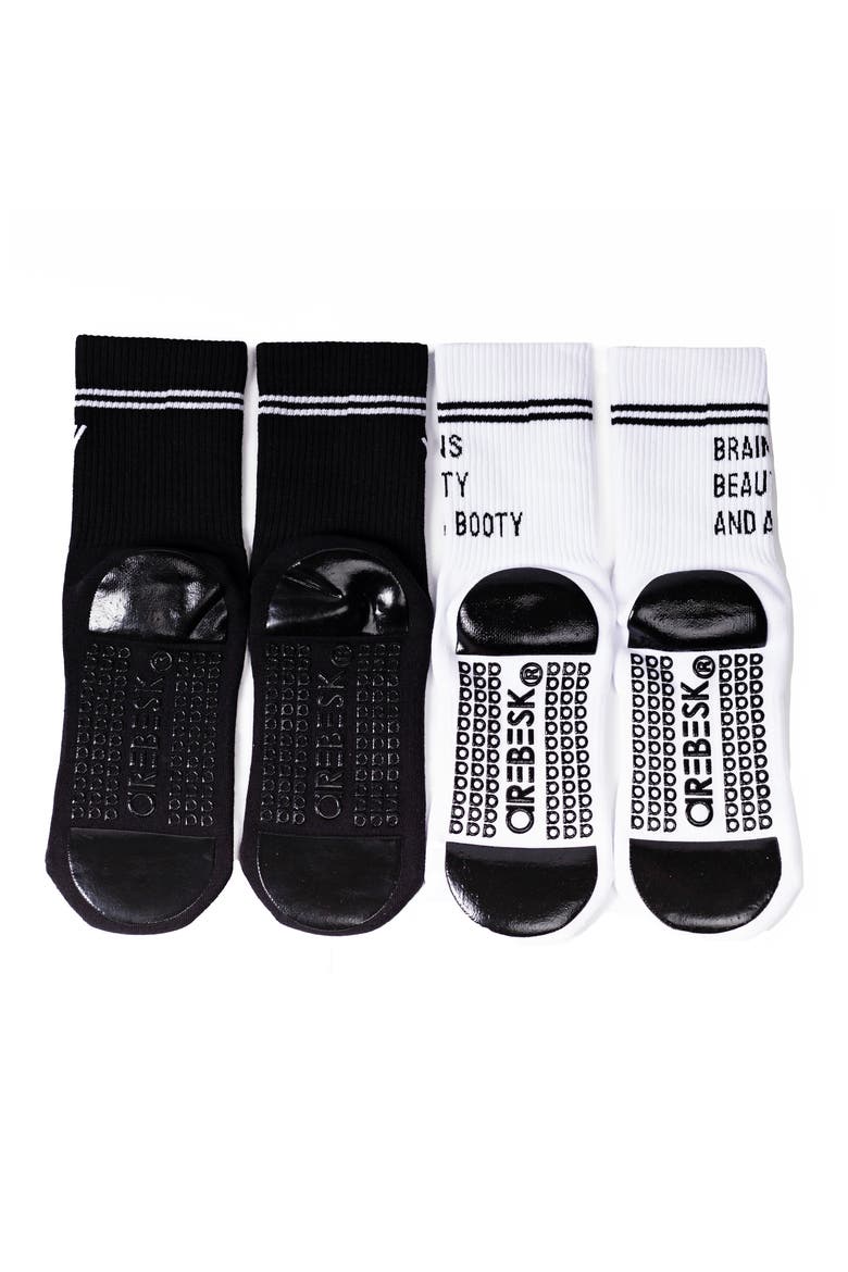 Brains Beauty and a Booty Assorted 2-Pack Grip Crew Socks, Alternate, color, WHITE - BLACK