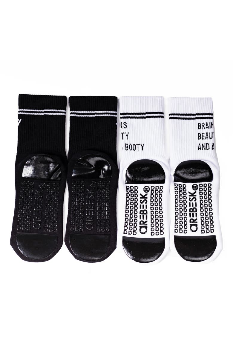 Arebesk Brains Beauty and a Booty Assorted 2-Pack Grip Crew Socks, Alternate, color, White - Black