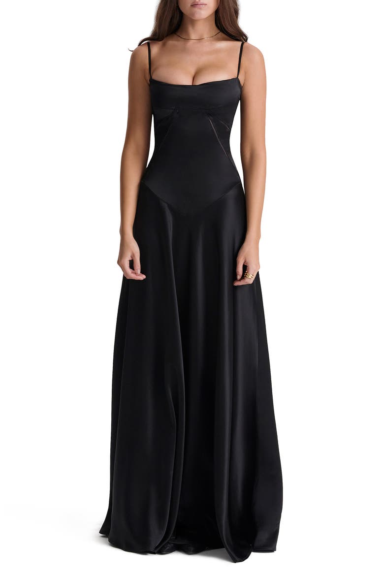 Anabella Lace-Up Satin Gown, Main, color, BLACK