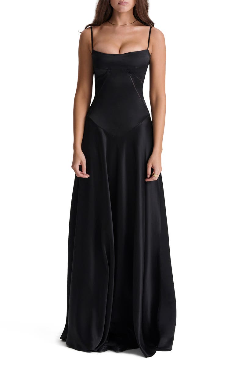 HOUSE OF CB Anabella Lace-Up Satin Gown, Main, color, Black