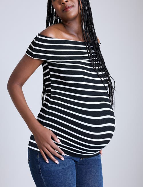 Motherhood Maternity Rib Knit Short Sleeve Off The Shoulder Top In Black & White Stripe