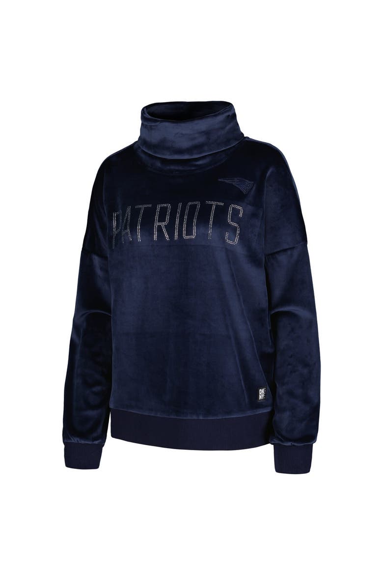Women's DKNY Sport  Navy New England Patriots Deliliah Rhinestone Funnel Neck Pullover Sweatshirt, Alternate, color, Navy