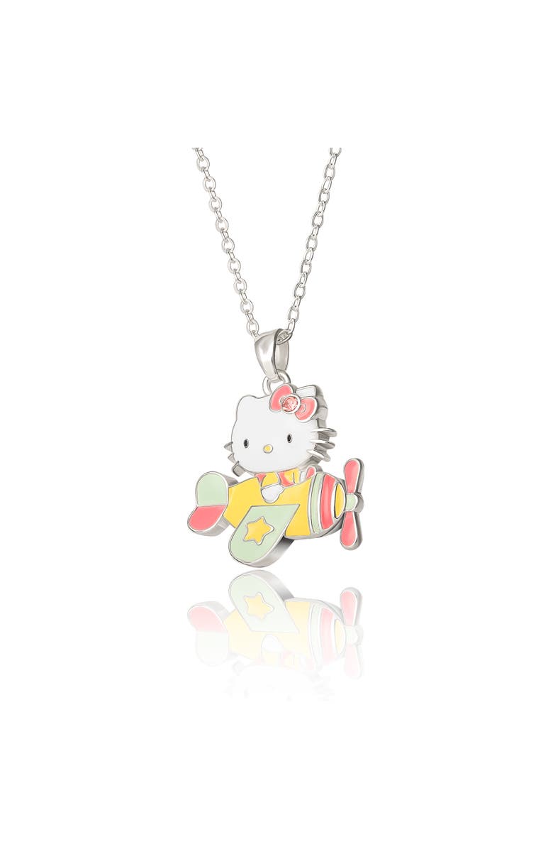 Hello Kitty Silver Plated Enamel Pink Crystal 3D Plane Necklace, Main, color, White