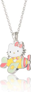 Hello Kitty Silver Plated Enamel Pink Crystal 3D Plane Necklace