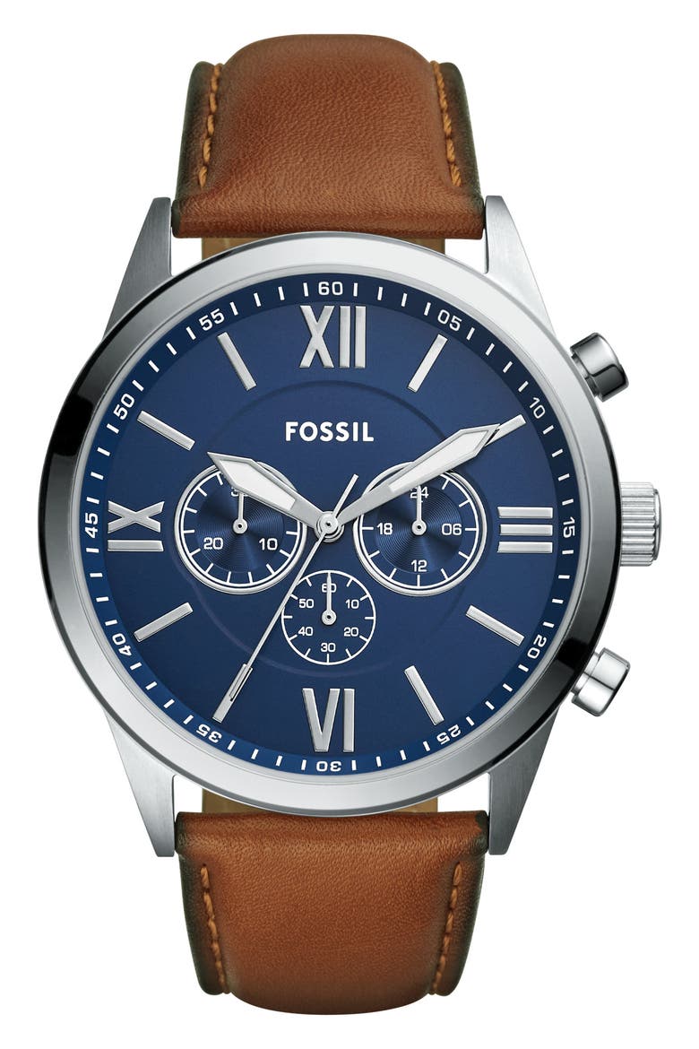 Flynn Leather Strap Chronograph Watch, 48mm, Main, color, SILVER