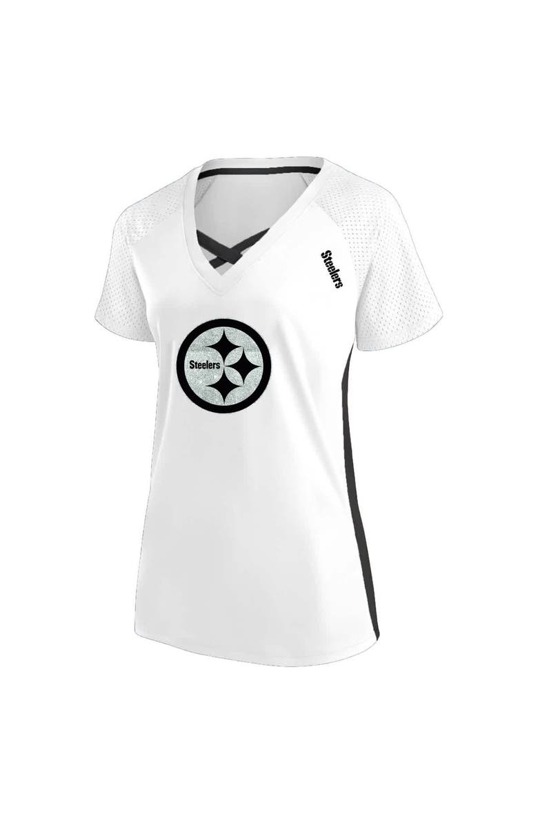 FANATICS Women's Fanatics White Pittsburgh Steelers Plus Size Glitter Lace-Up V- Neck T-Shirt, Alternate, color,