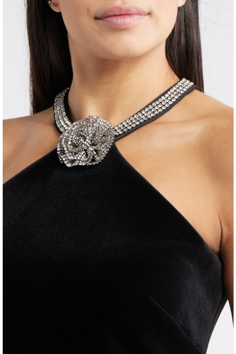 Crystal Flower Halter Neck Velvet Cocktail Dress, Alternate, color, BLACK