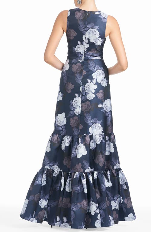 Sachin & Babi Rori Floral Print Ruffle Hem Mikado Gown In Midnight Glacial Rose