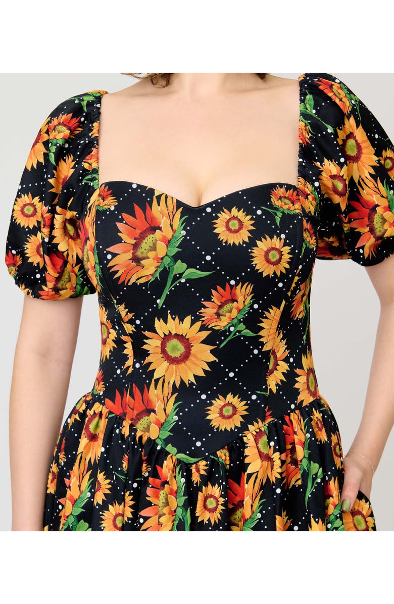 Smak Parlour Puff Sleeve Swing Dress, Alternate, color, Black Sunflower Print